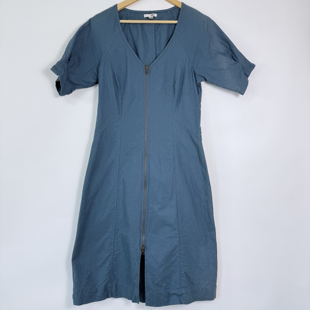 Amuse Society Front Zip Midi Dress Womens Medium Dusty Blue Cotton Flax Coastal